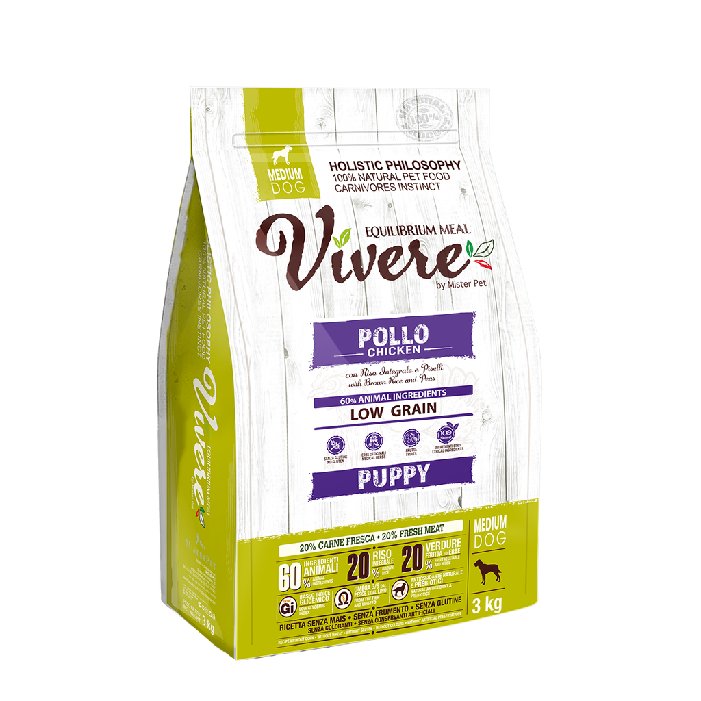 [8020997012314] VIVERE LOW GRAIN MEDIUM PUPPY POLLO 3 Kg.