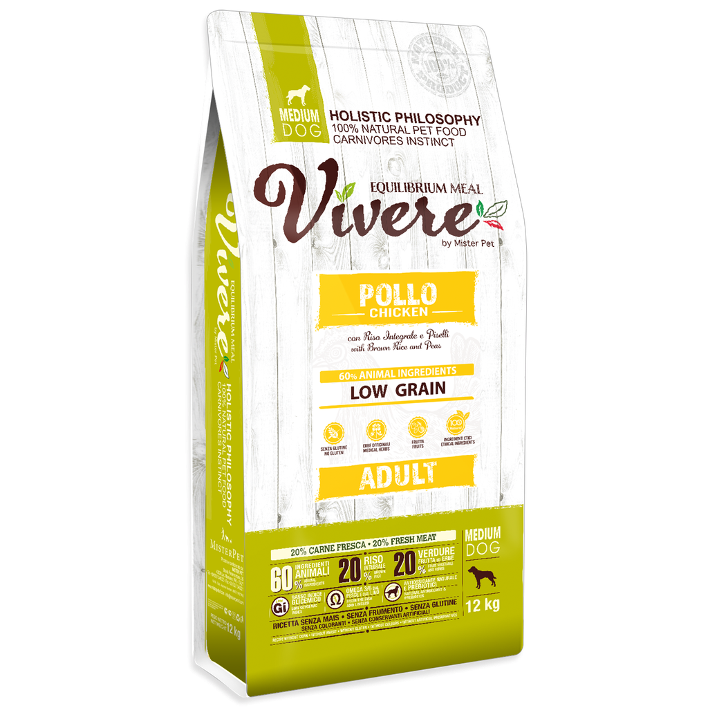 [8020997012369] VIVERE LOW GRAIN MEDIUM ADULT POLLO 12 Kg.